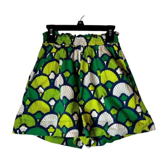 Autumn Adeigbo Shorts Women 2 Green Scalloped Fan Print High Waist Debbie Shorts - Picture 2 of 10